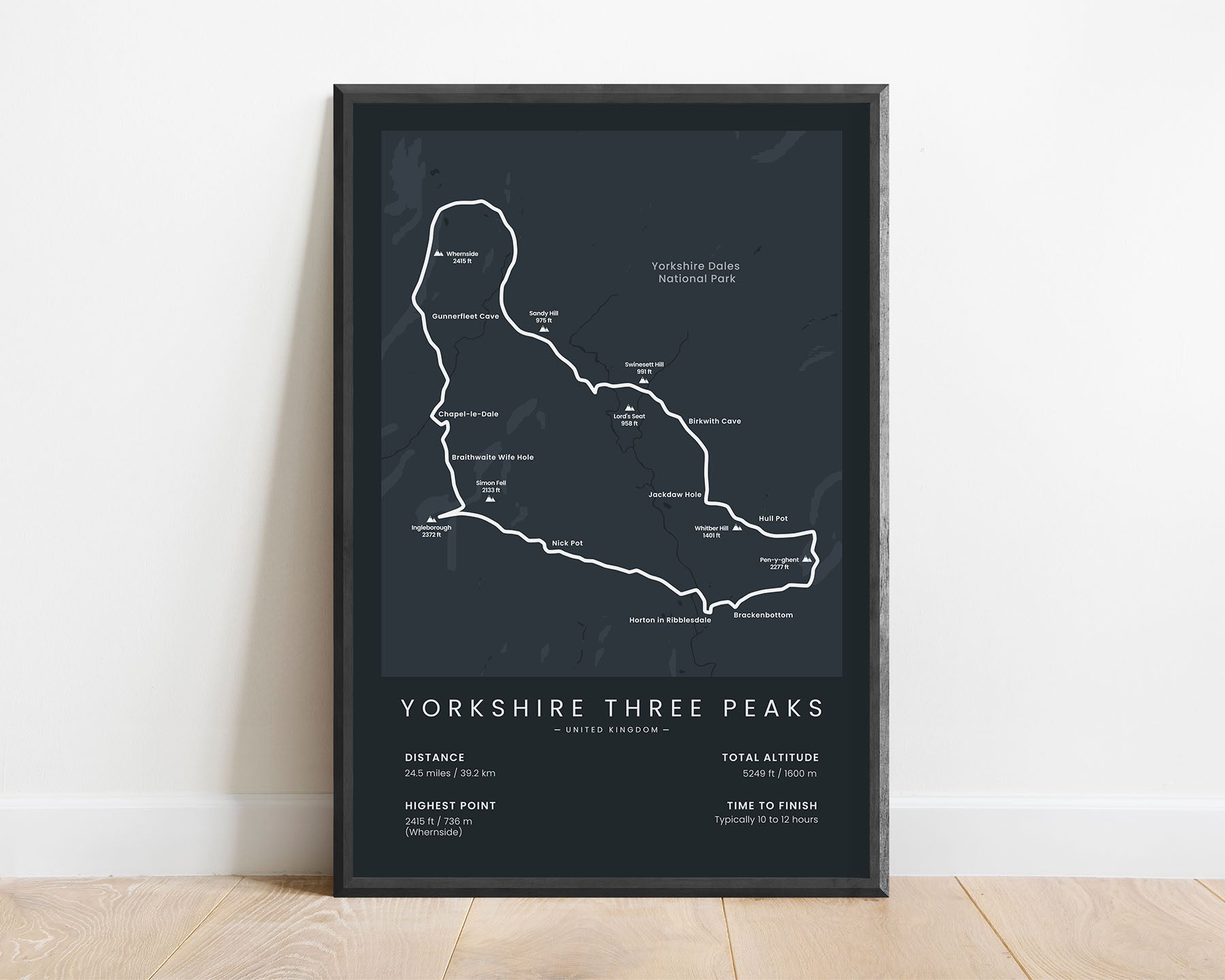 Yorkshire Three Peaks (Pen-y-ghent) track wall map with black background
