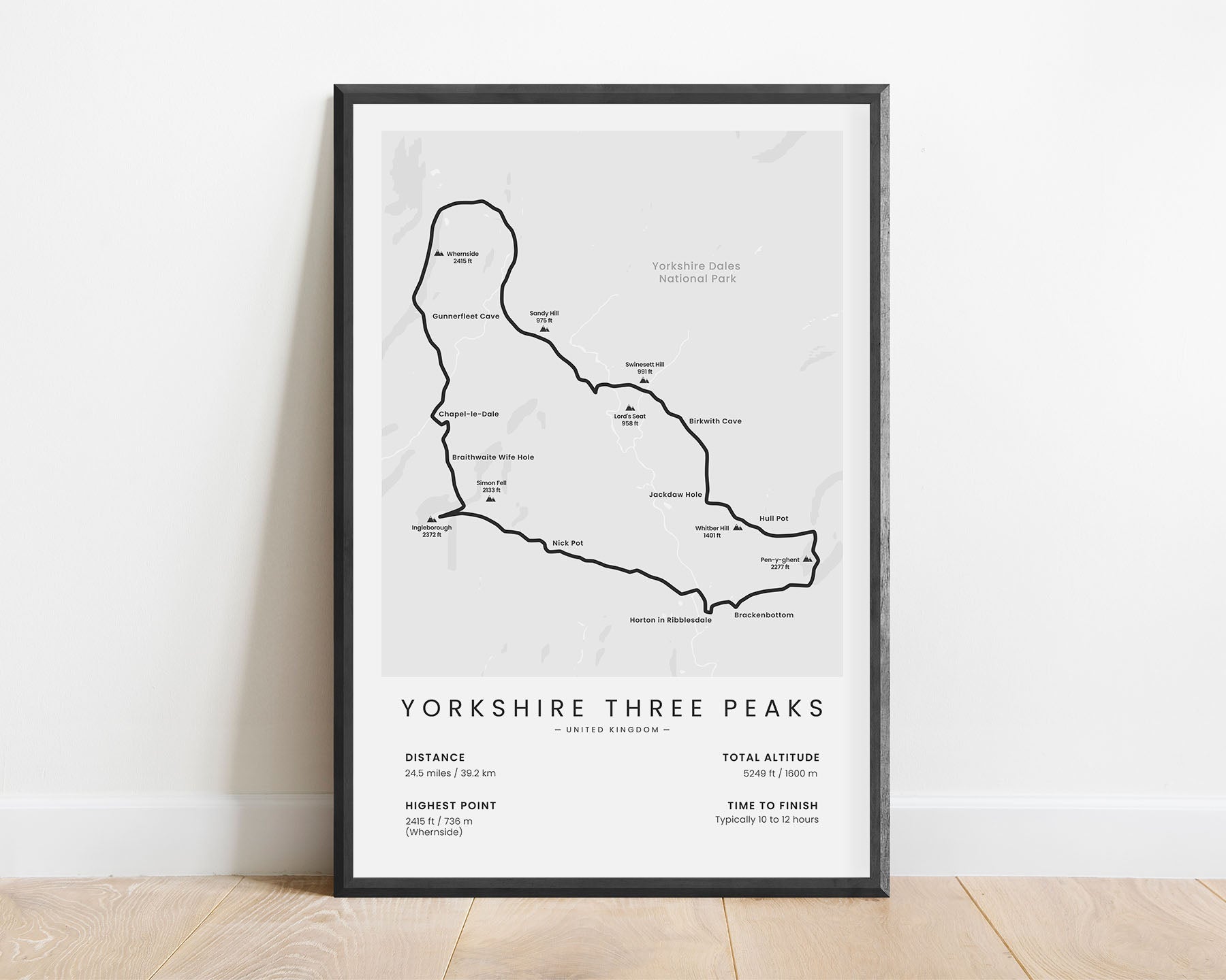 Yorkshire Three Peaks (Whernside) hike route poster with white background