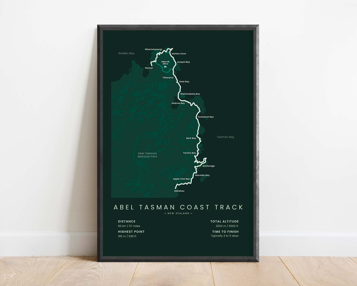 Abel Tasman Coast Track (Mārahau to Wainui) Trail Map Art with Green Background