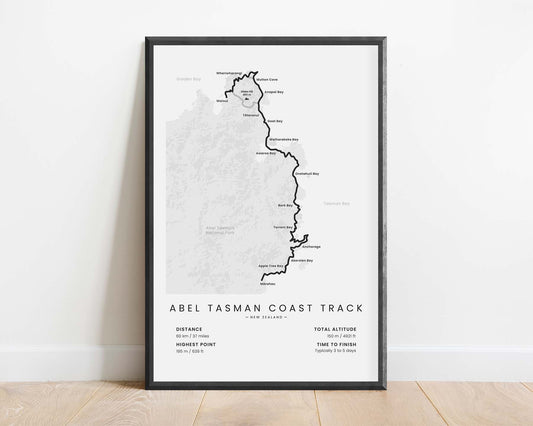 Abel Tasman Coast Track (New Zealand) Route Wall Map with White Background