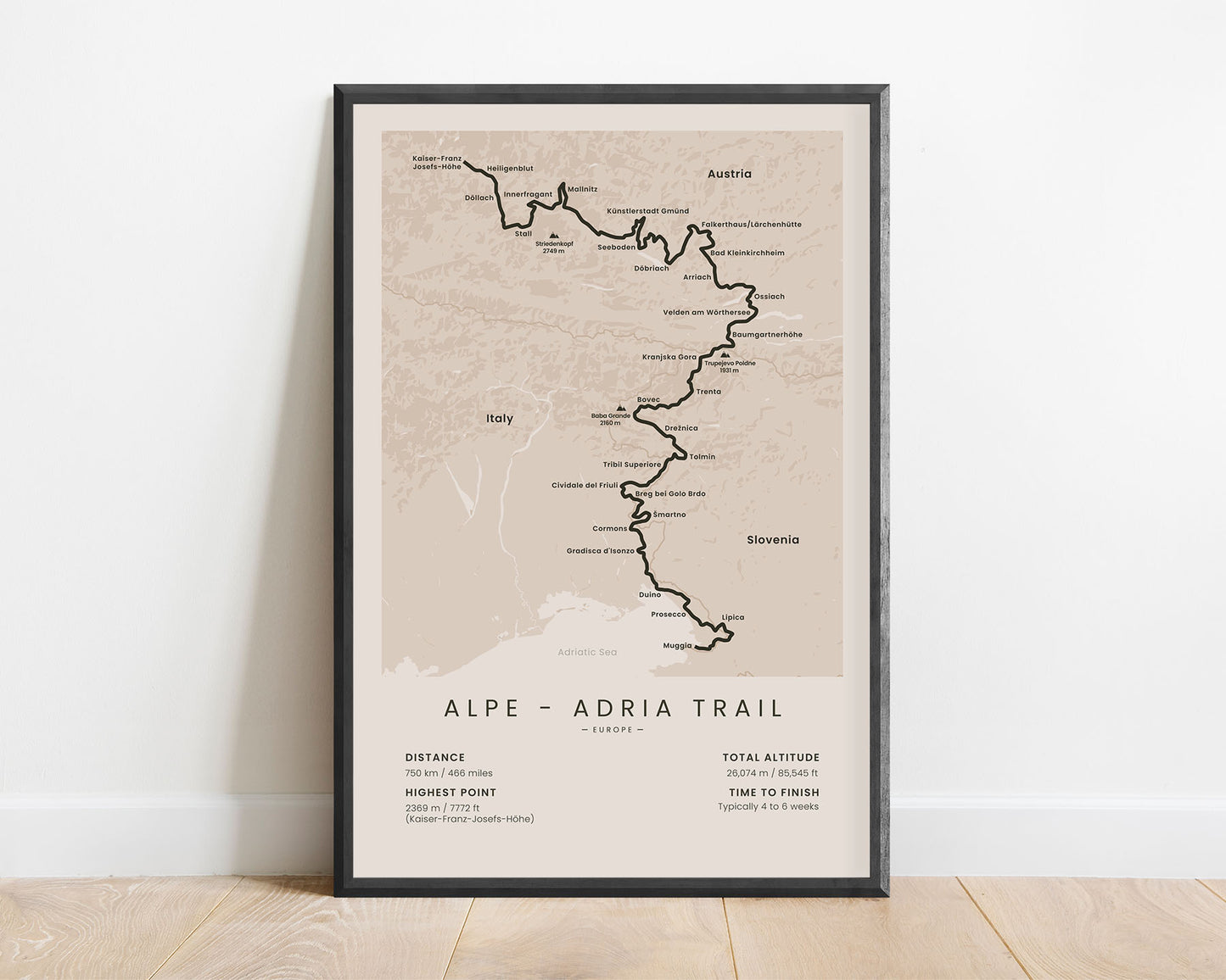 Alpe-Adria Trail (Slovenia) Track Wall Map with Beige Background