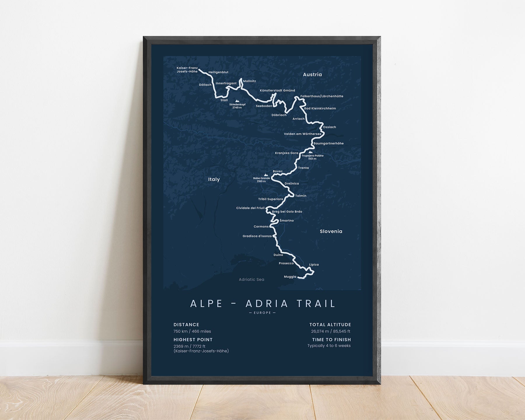 Alpe-Adria Trail (Italy) Map Art with Blue Background