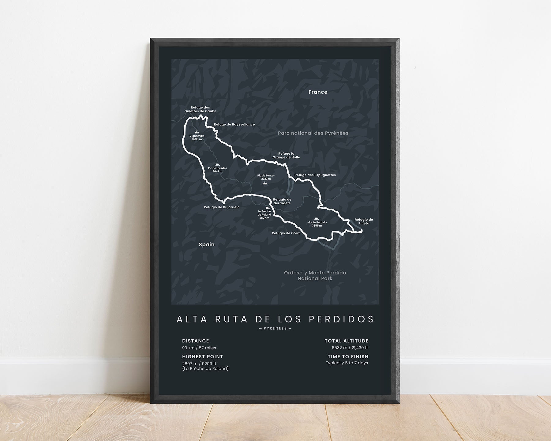 Alta Ruta de los Perdidos (France) Trail Wall Art with Black Background