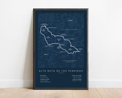 Alta Ruta de los Perdidos (Vignemale) Path Map Art with Blue Background