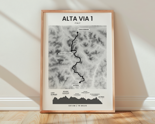 Alta Via 1 (Italian Alps) Elevation Map Map Art with Black Background