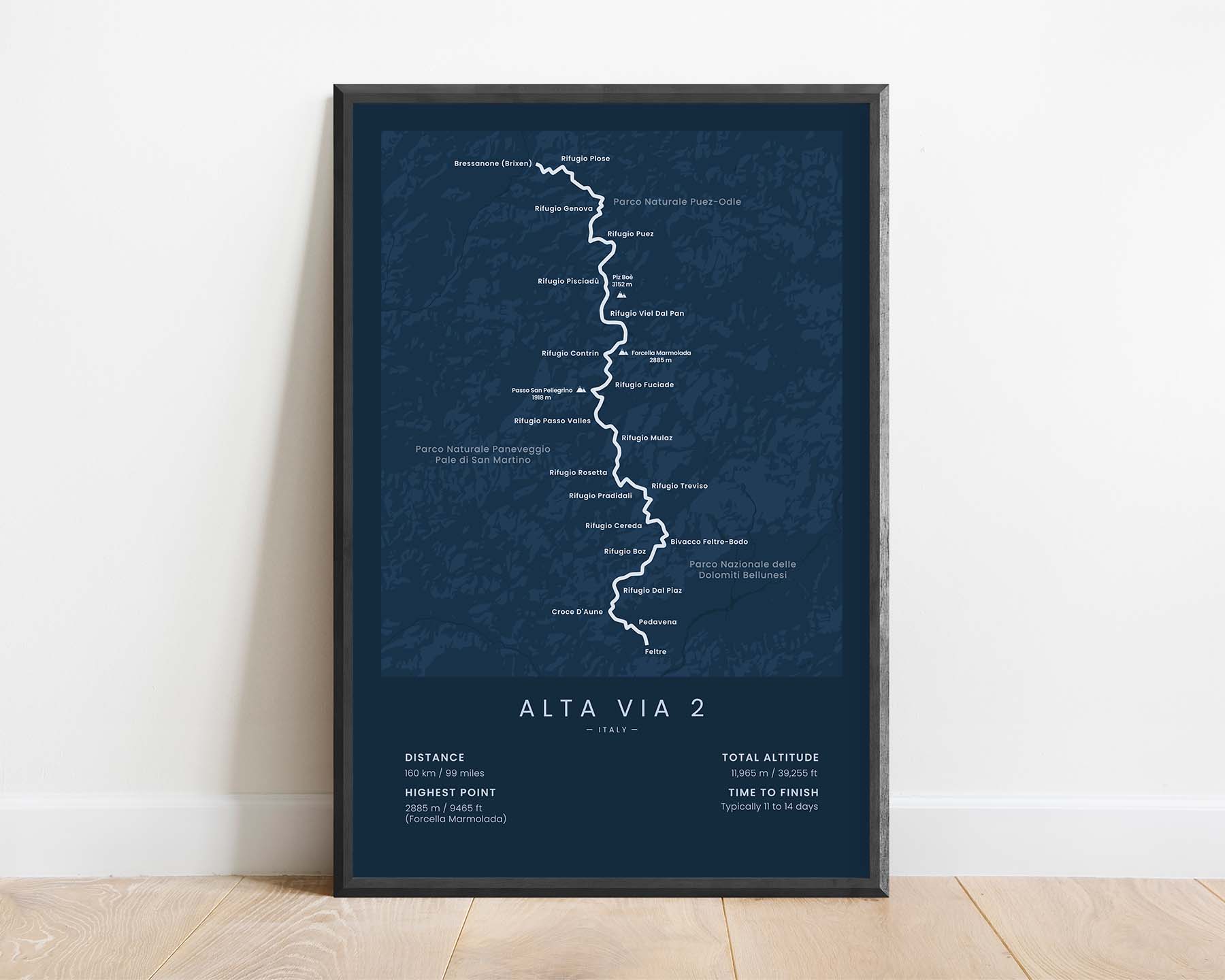 Dolomites High Route 2 (Feltre, Dolomites, Italy, Alps, Bressanone (Brixen) to Feltre) Path Print with Blue Background