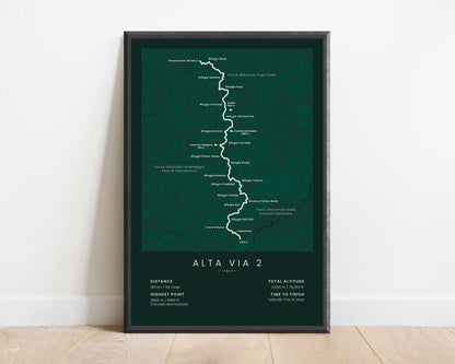 AV2 (Italy, Bressanone (Brixen) to Feltre, Dolomites, Alps) Track Map Art with Green Background