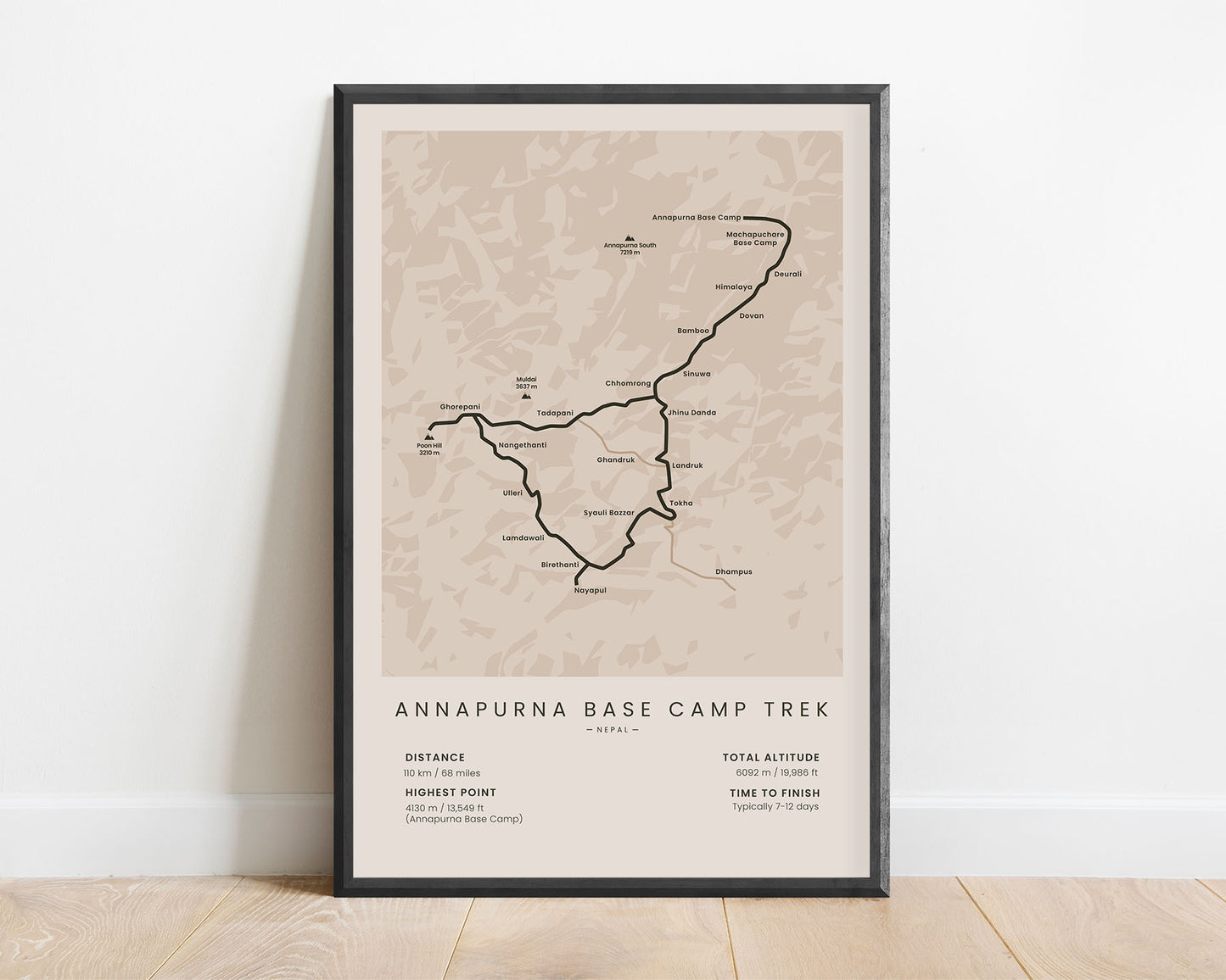 Annapurna Sanctuary Trek (Himalayas) thru hike wall art with beige background