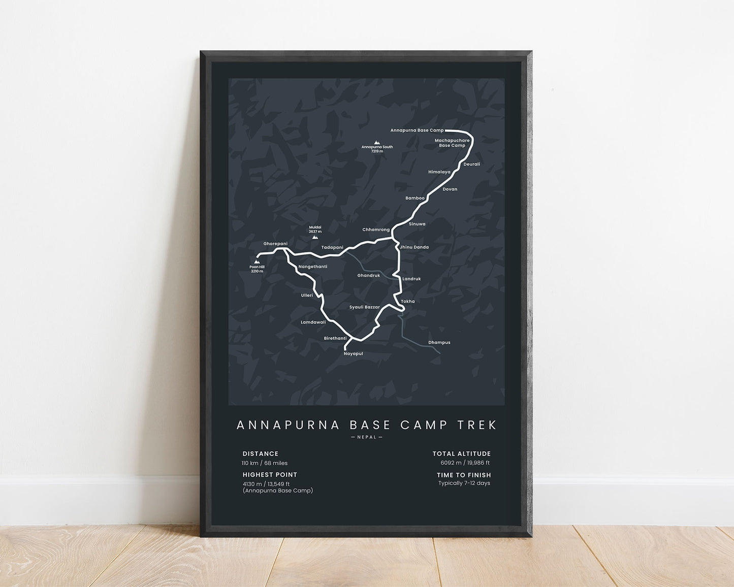 ABC (Nepal) trek wall map with black background