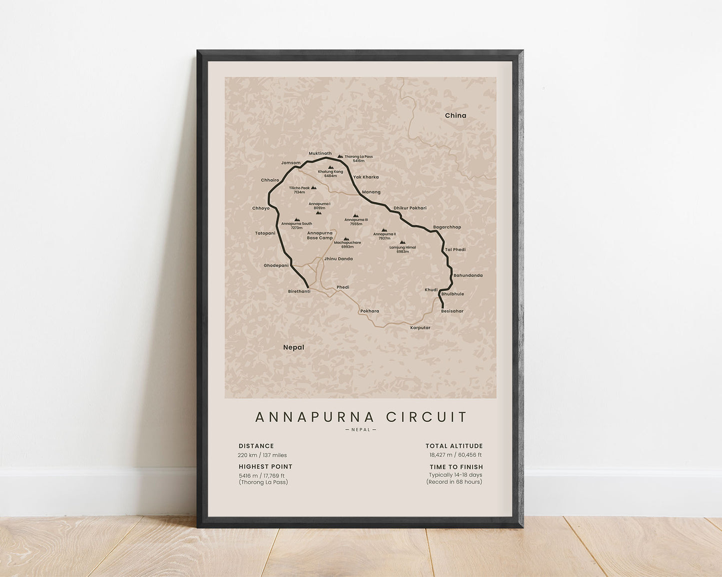 Annapurna Circuit Trek (Himalayas) Thru hike path wall map with beige background