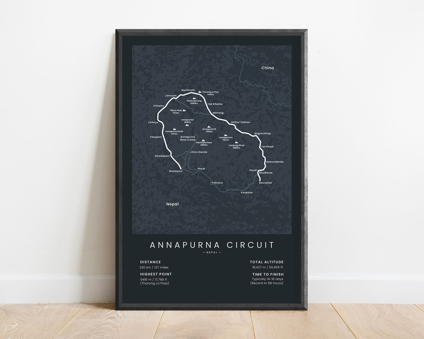 Annapurna Circuit (Nepal) track wall art with black background