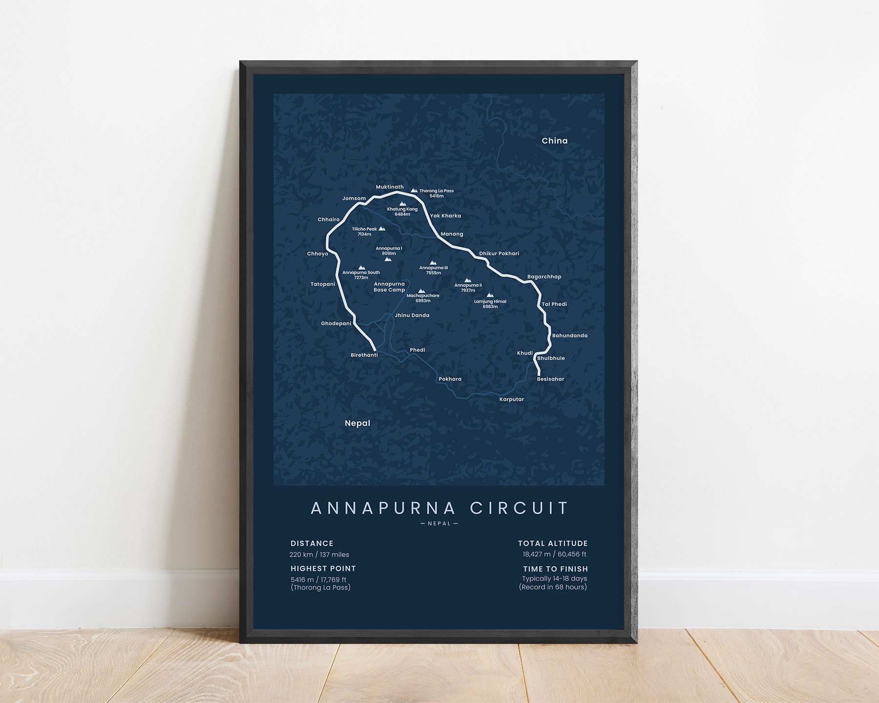 Annapurna Circuit Trek (Himalayas) route map art with blue background