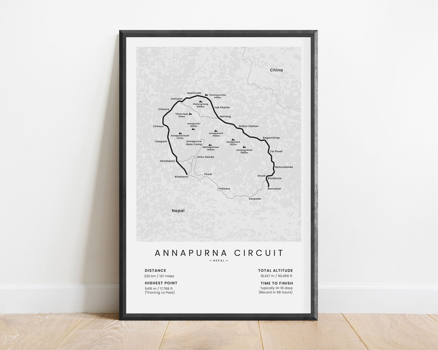 Annapurna Circuit (Nepal) hike trail poster with white background