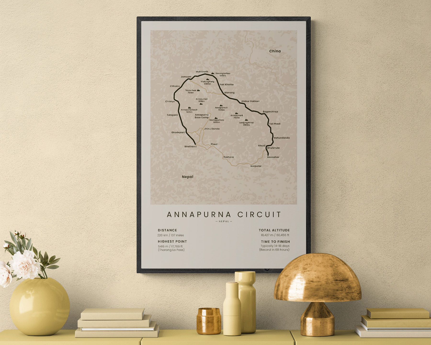 Annapurna Circuit (Nepal) trail poster in minimal room decor