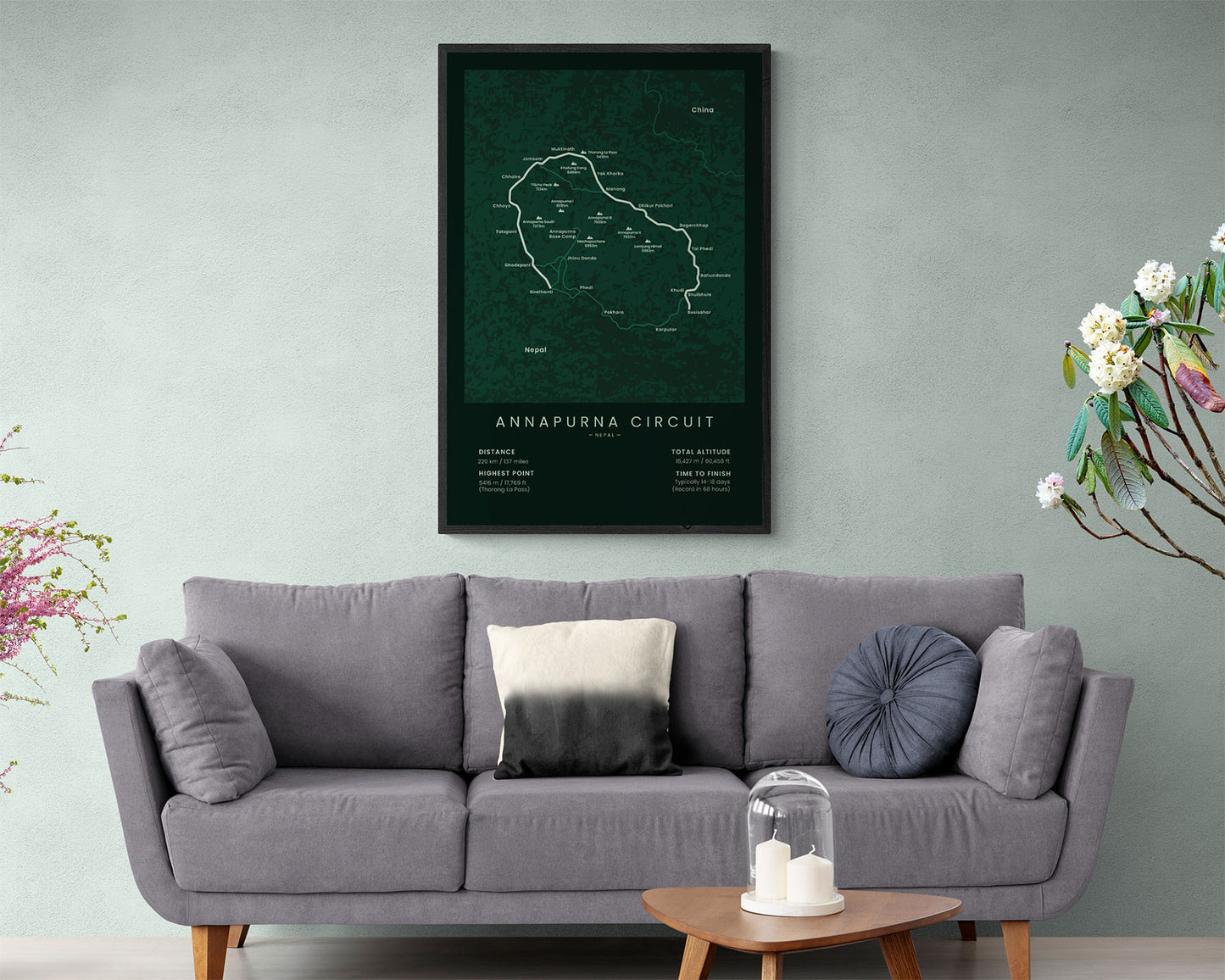 Annapurna Circuit Trek (Himalayas) hike wall map in minimal room decor