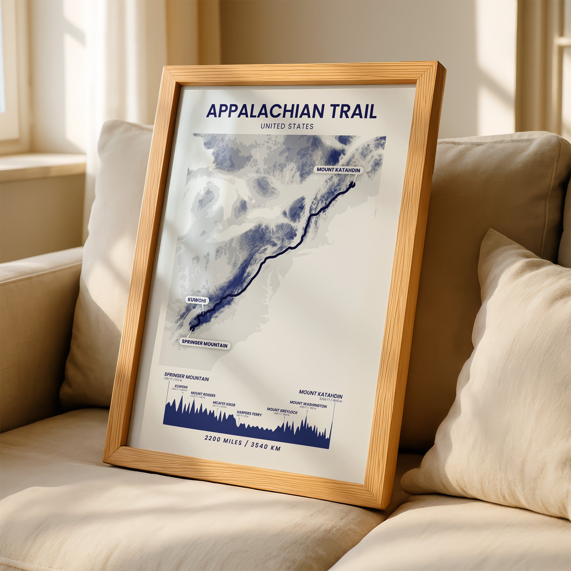 AT (Springer Mountain To Mount Katahdin) Shaded Relief Map Wall Art with Blue Background