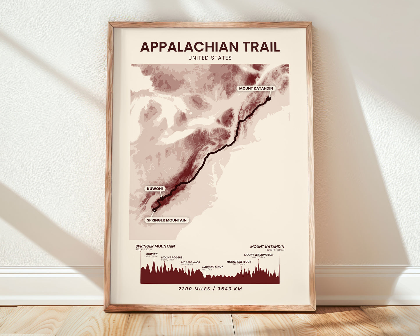 Appalachian Trail (Georgia To Maine) Topographic Map Poster Print with Red Background