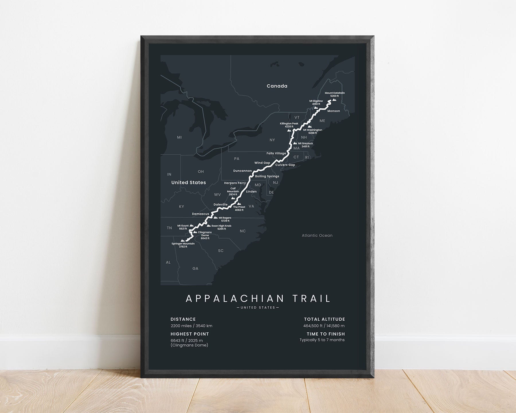 Appalachian National Scenic Trail (Georgia to Maine) Thru Hike Wall Art with Black Background