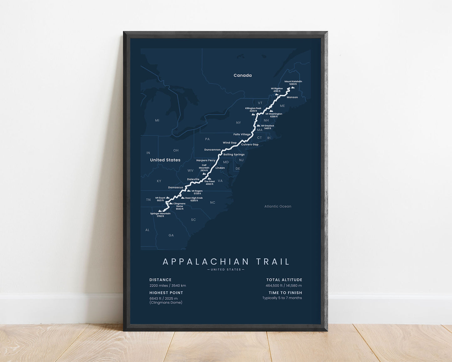 Appalachian Trail (Springer Mountain to Mount Katahdin) Route Poster with Blue Background