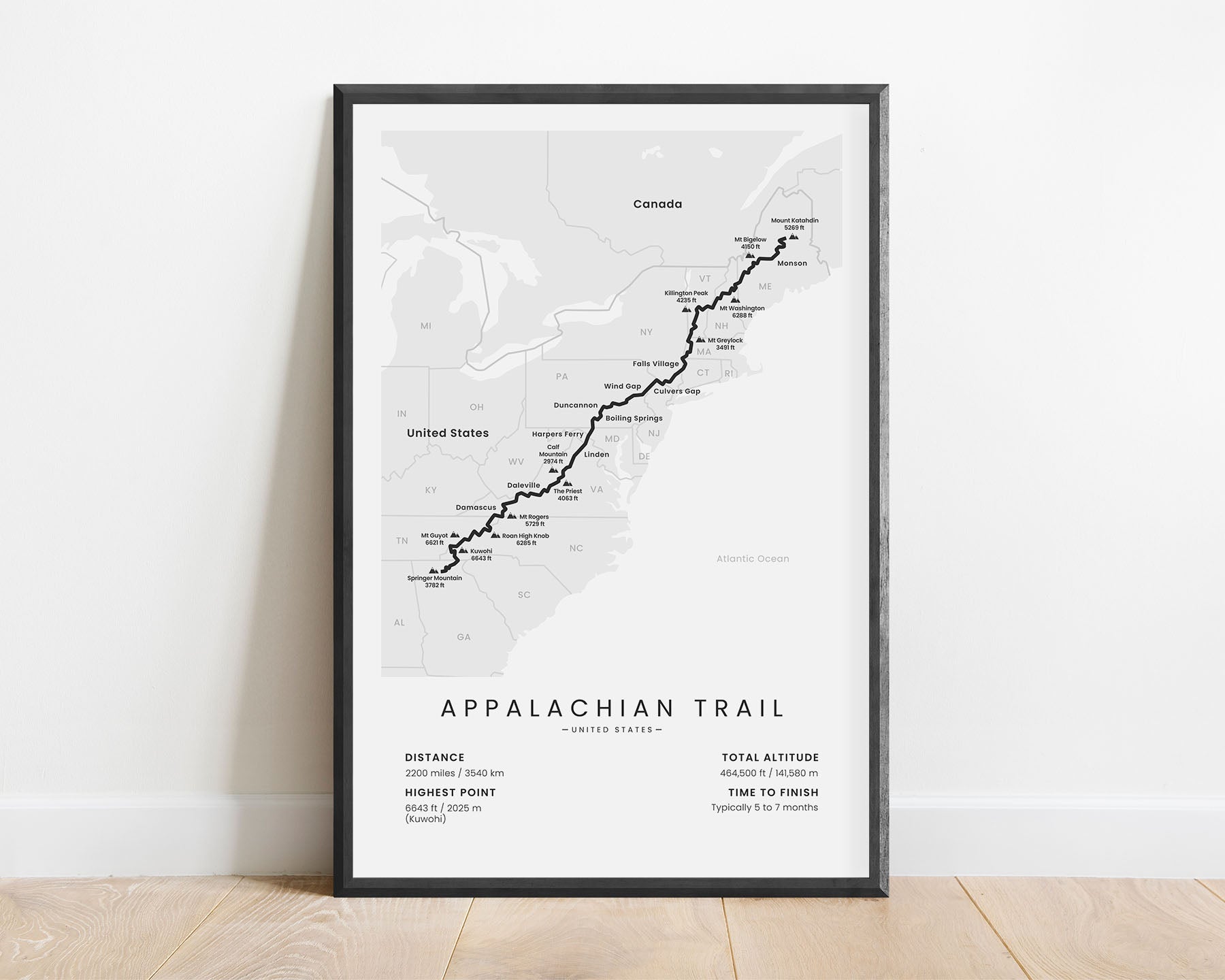 Appalachian Trail (United States) Path Wall Map with White Background