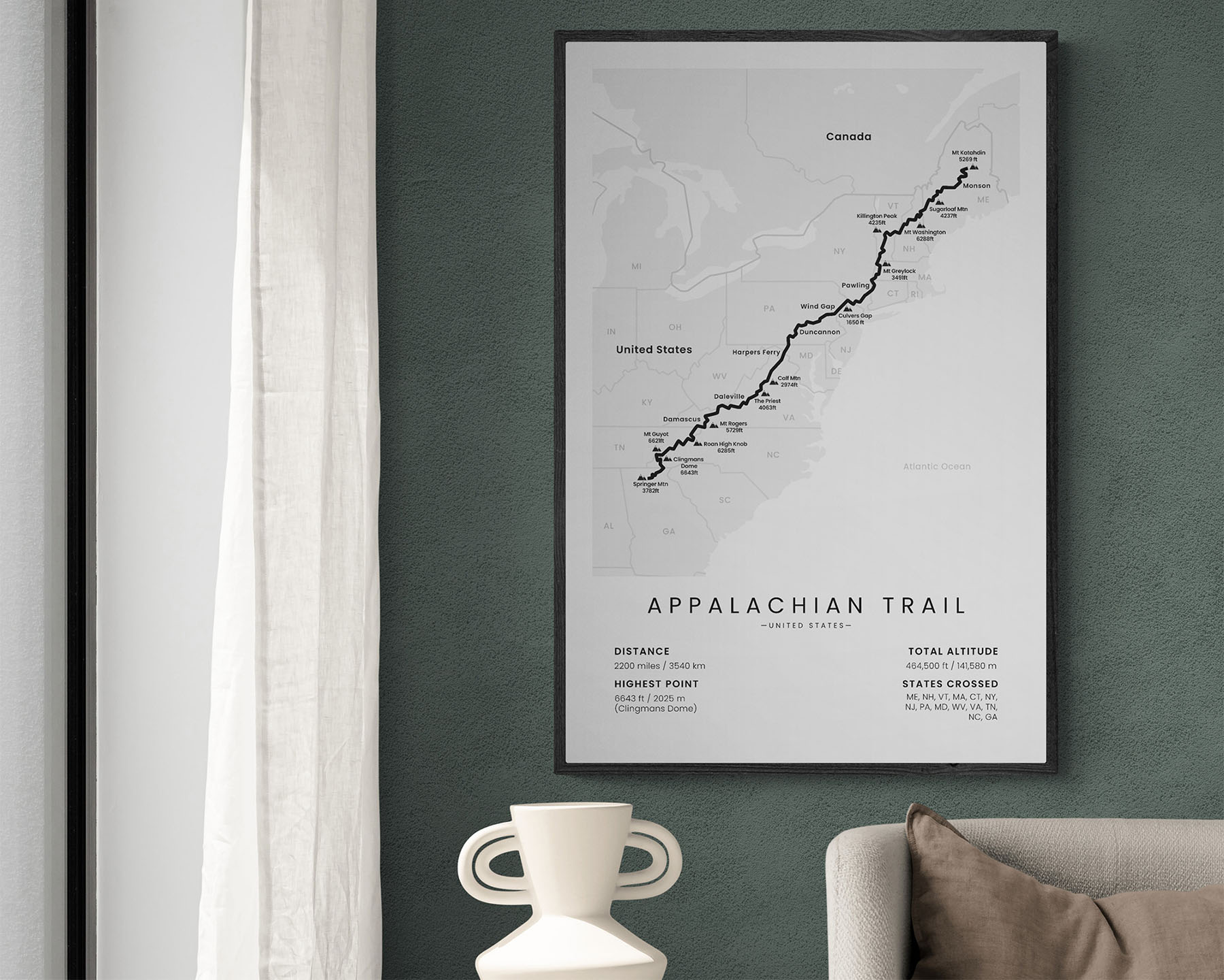 AT Thru Hike minimalistic map with white background in living room