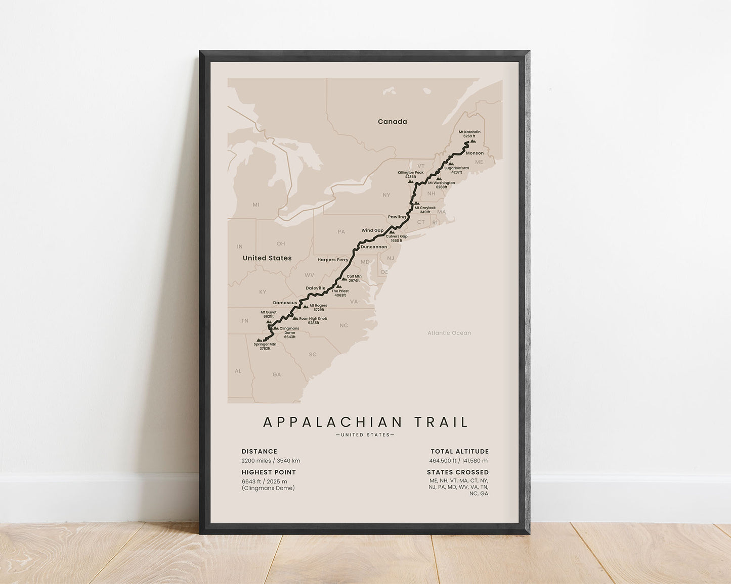 Appalachian Trail (Georgia, North Carolina, Tennessee, Virginia, West Virginia, Maryland, Pennsylvania, New Jersey, New York, Connecticut, Massachusetts, Vermont, New Hampshire, Maine) cross-country hike wall decor with beige background
