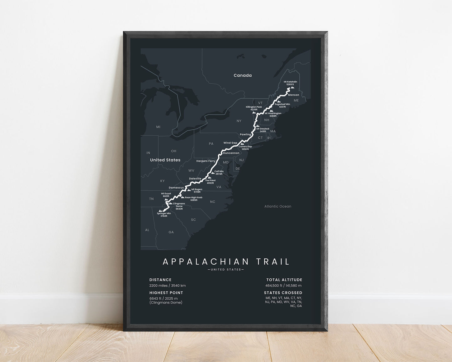 Appalachian Trail (Georgia to Maine) long-distance hike wall art with black background