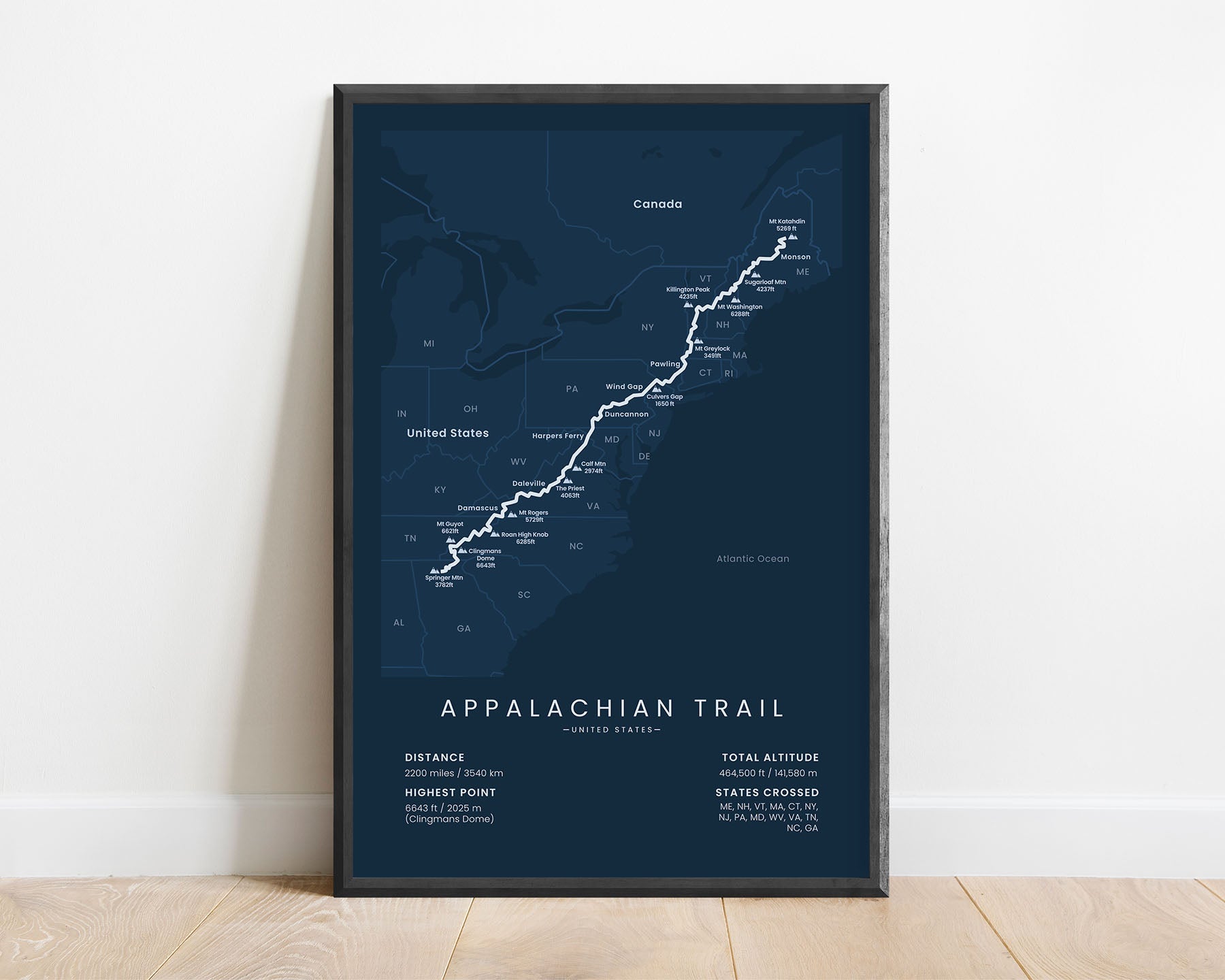 Appalachian National Scenic Trail from Springer Mountain to Mount Katahdin poster with blue background