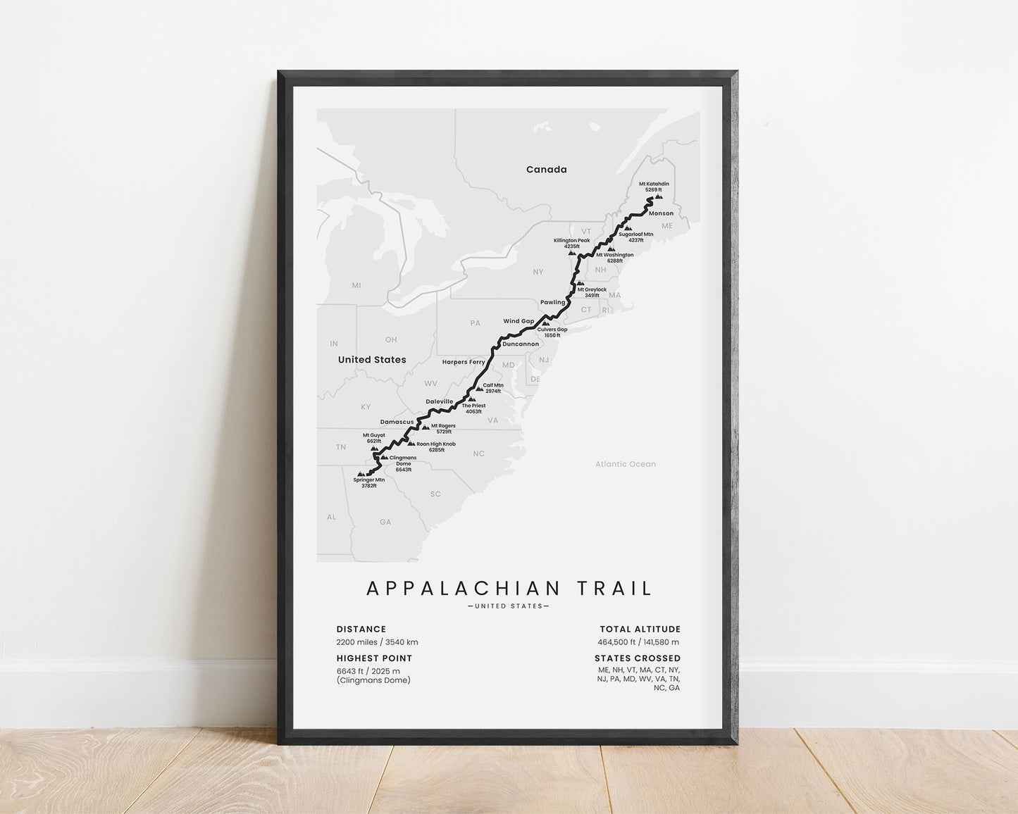 Appalachian Trail United States thru-hike map with white background