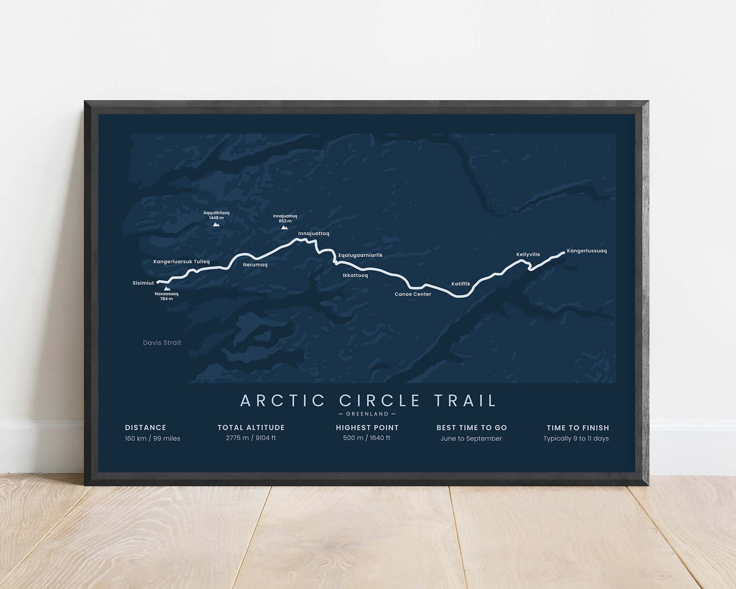 ACT (Kangerlussuaq, Greenland, Sisimiut) Route Map Art with Blue Background