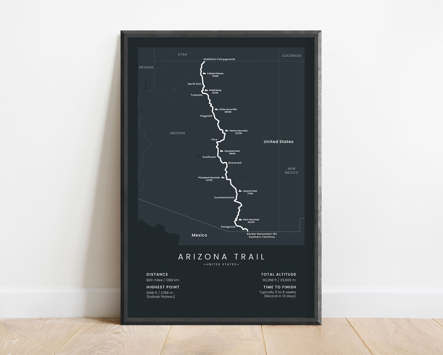 AZT (Mexico to Utah) track wall art print with black background