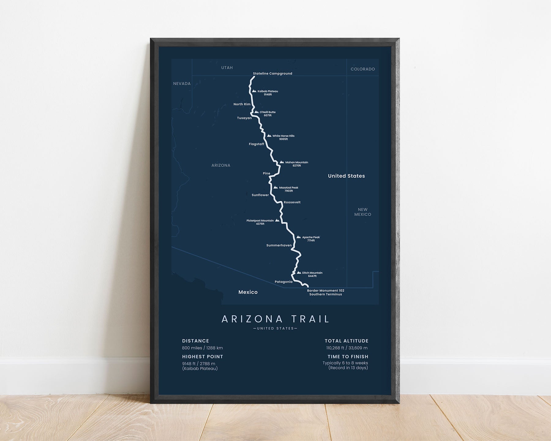 Arizona Trail (Mexico to Utah) hiking trail map art with blue background