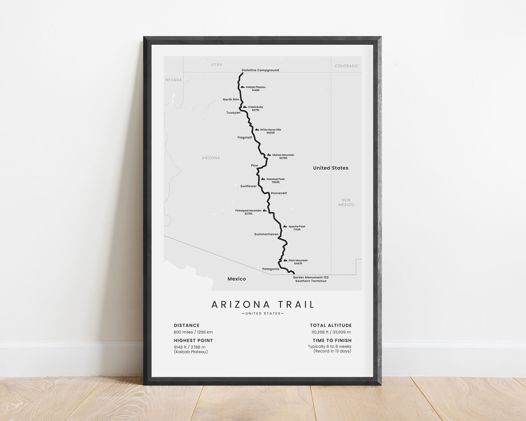 Arizona Trail (Mexico to Utah) thru hike wall map art with white background
