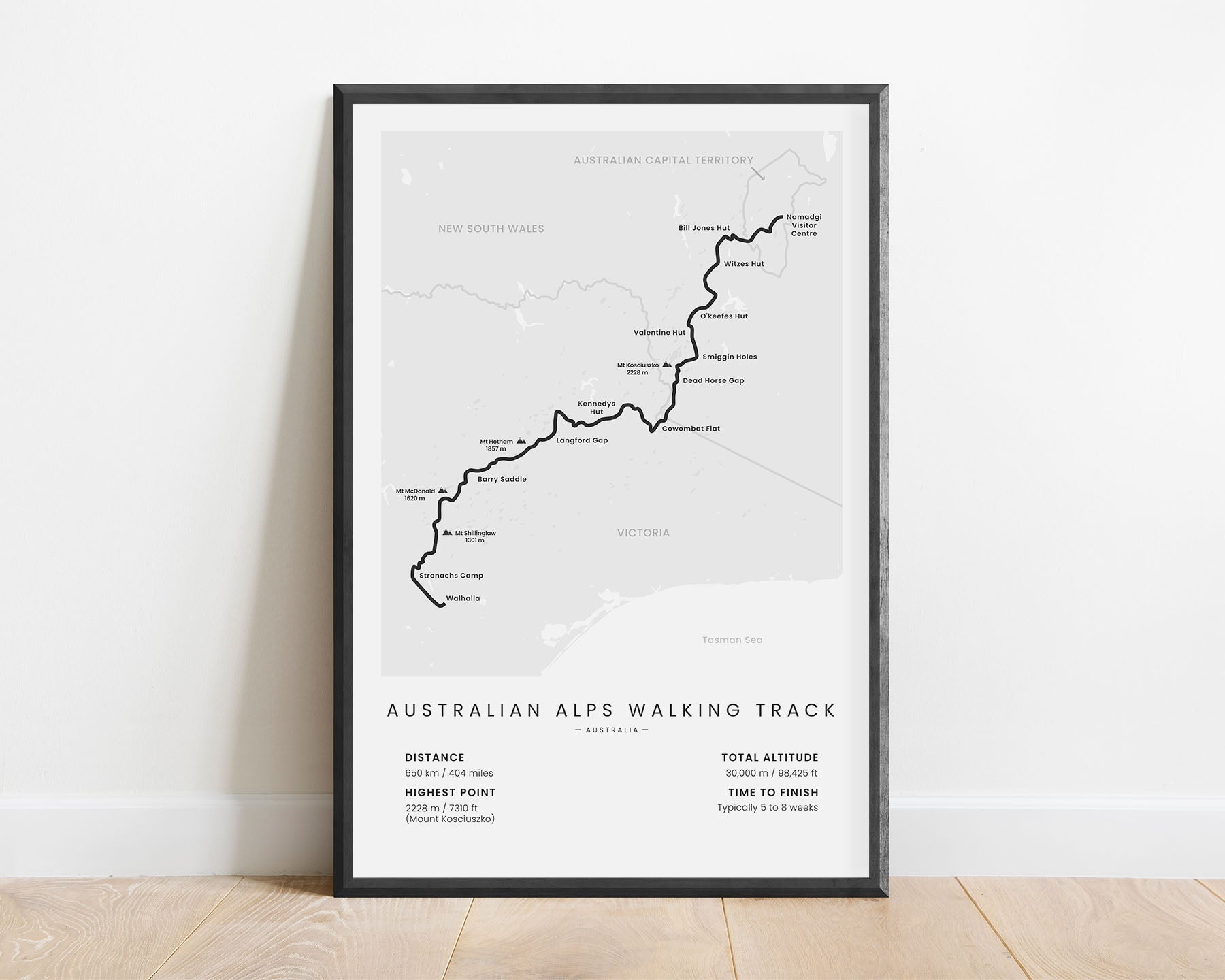 Australian Alps Walking Track (Kosciuszko National Park) Trail Wall Map with White Background