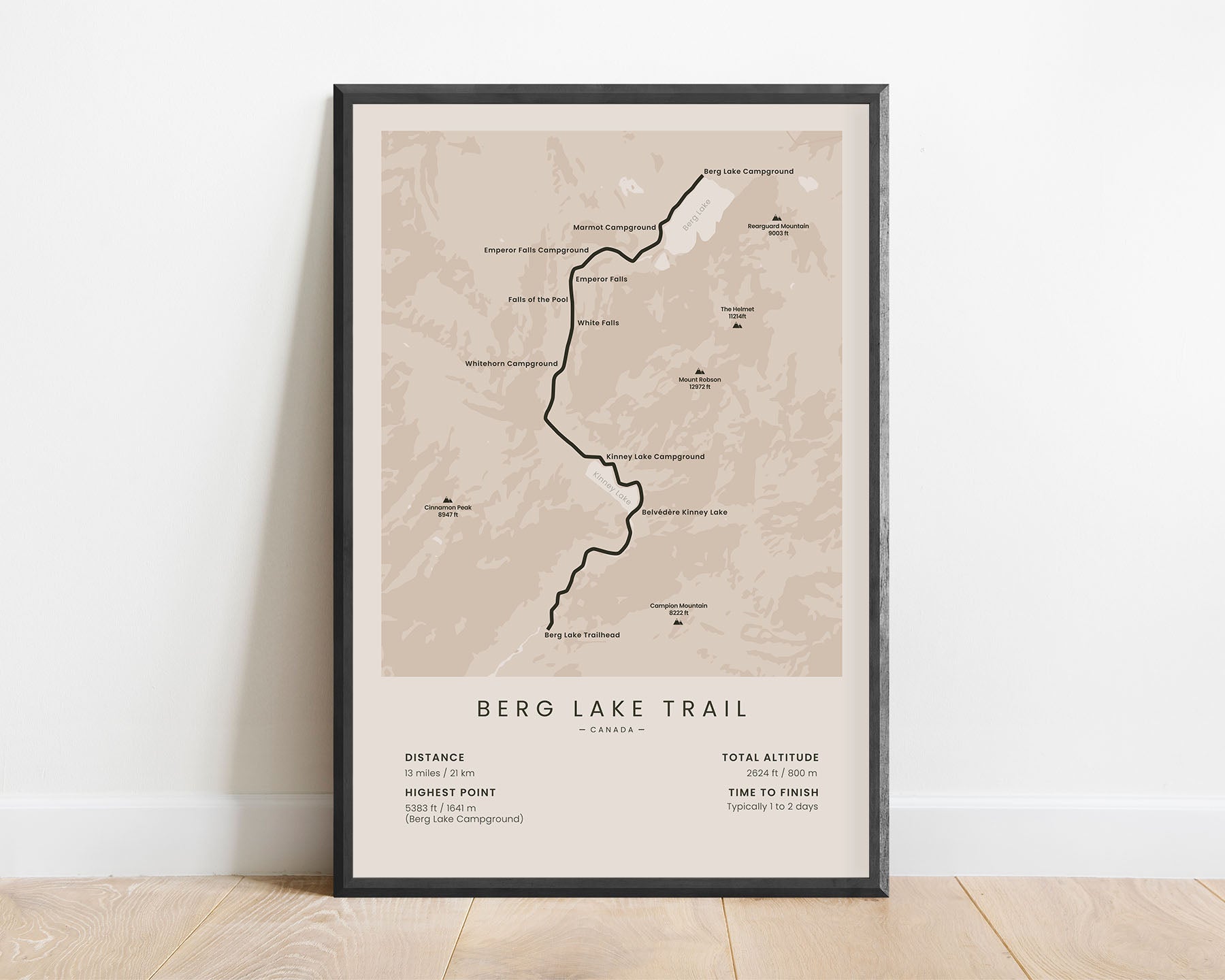 Berg Lake Trail (Canadian Rockies) hike wall map with beige background