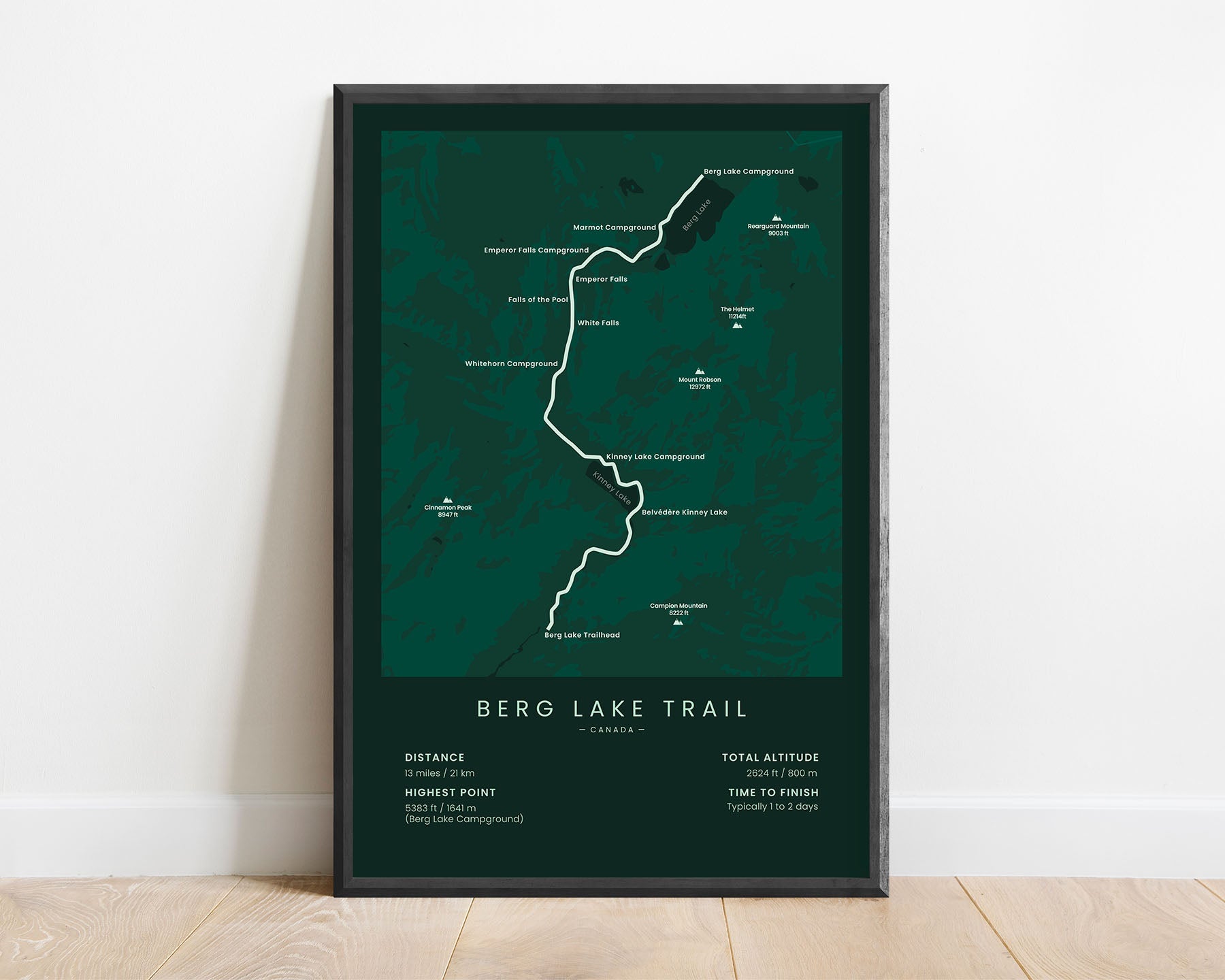 Berg Lake Trail (Canadian Rockies) route poster with green background