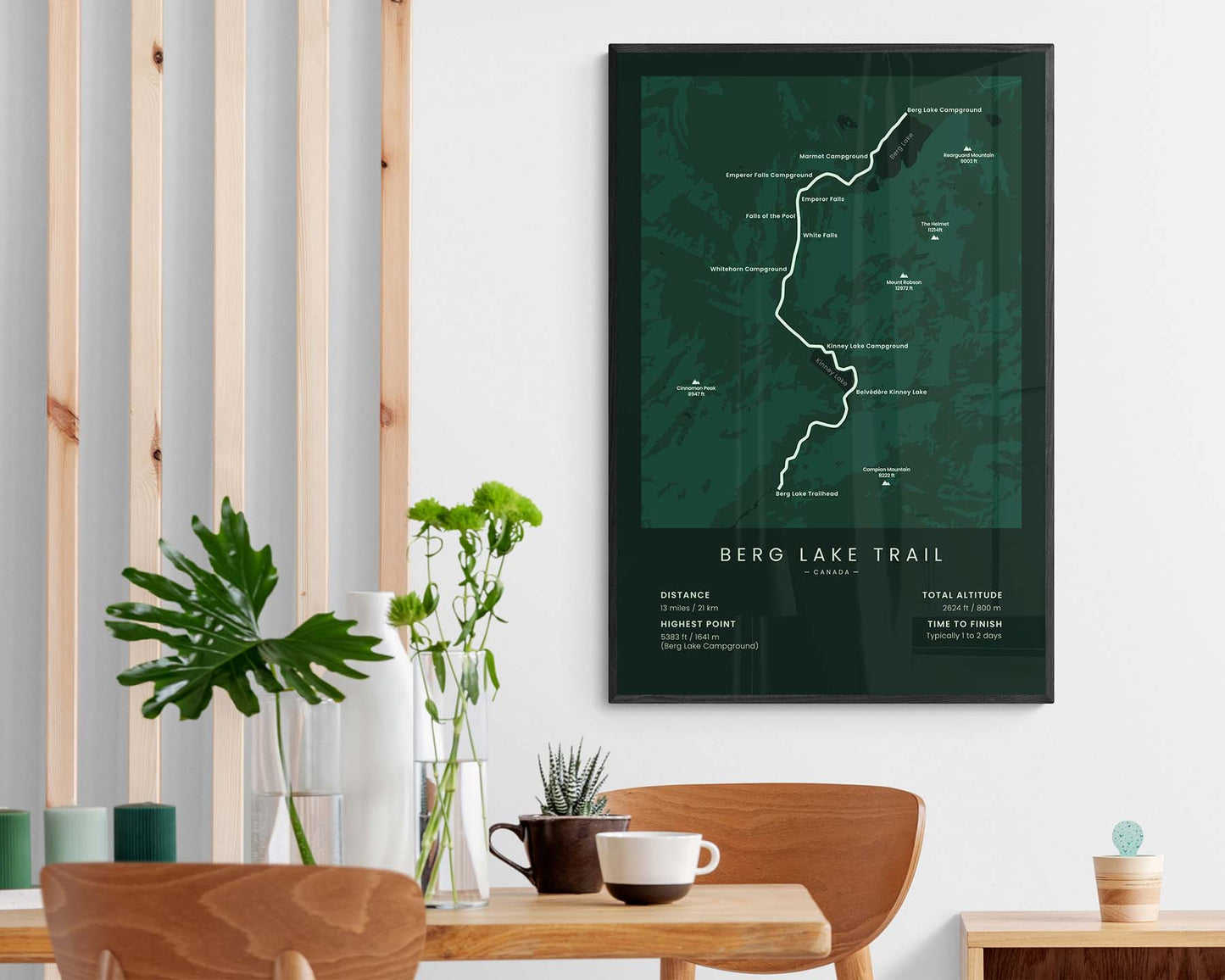 Berg Lake Trail (Mount Robson Provincial Park) trek wall map in minimal room decor