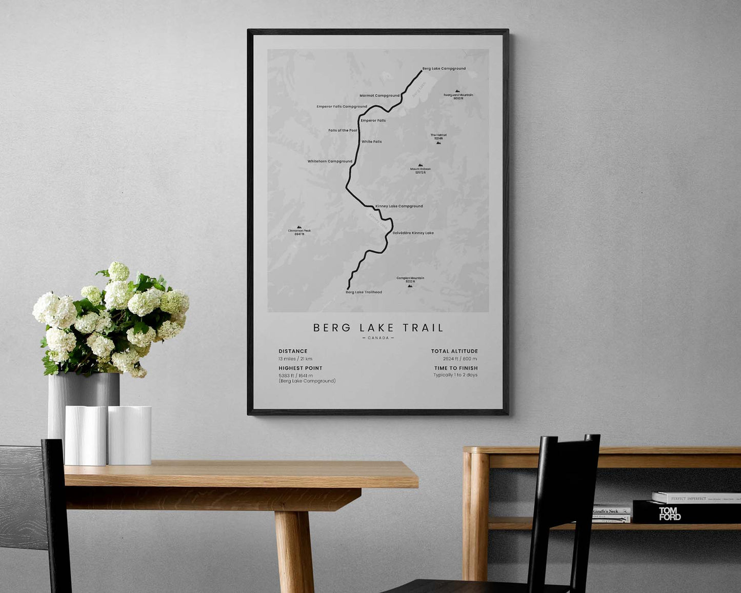 Berg Lake Trail (British Columbia) hike print in minimal room decor