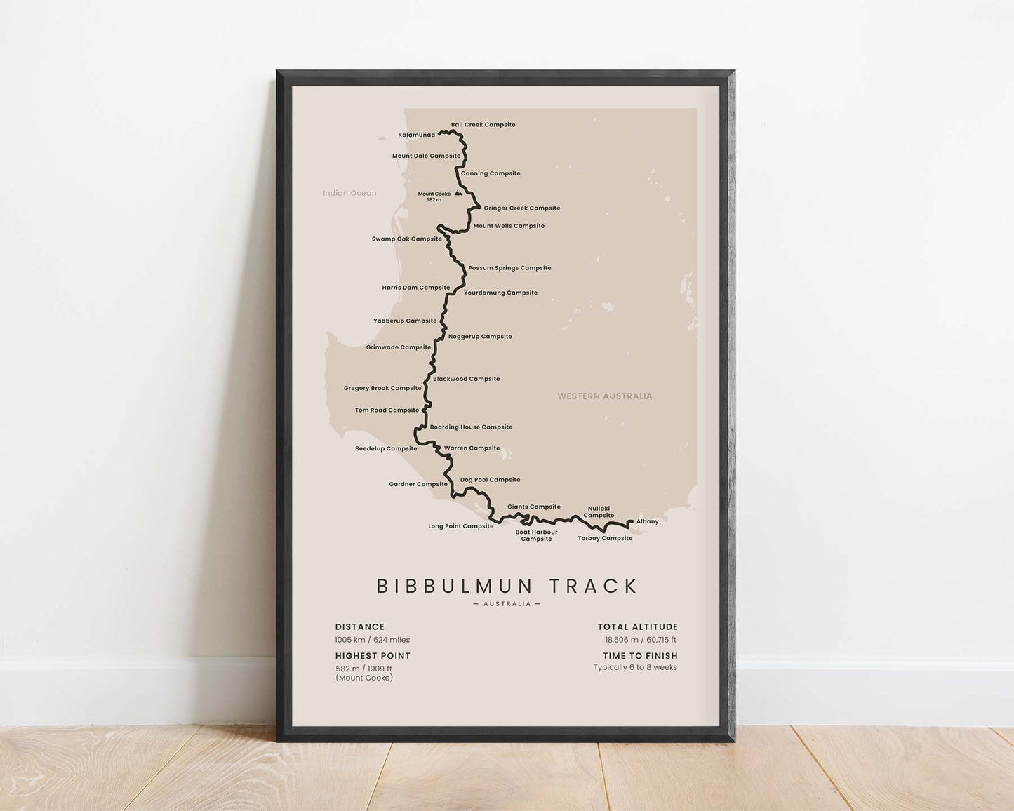 Bibbulmun Track (Australia) Trek Wall Map with Beige Background