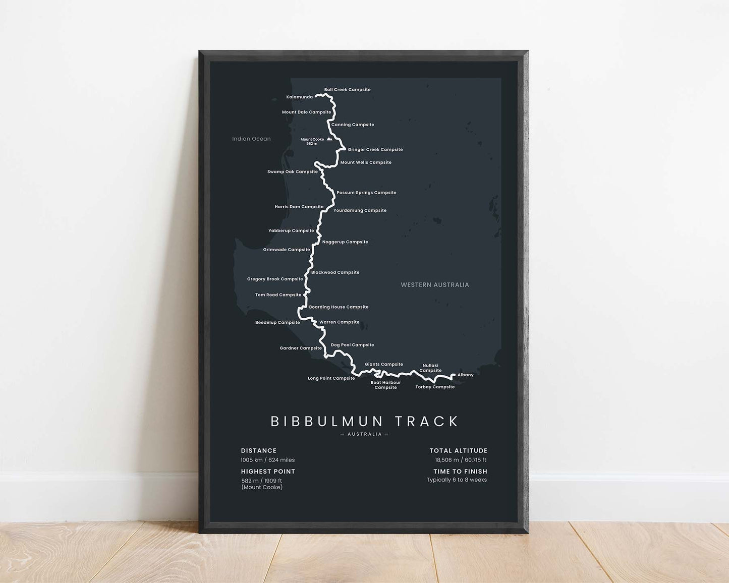 Bibbulmun Track (Western Australia) Route Wall Art with Black Background