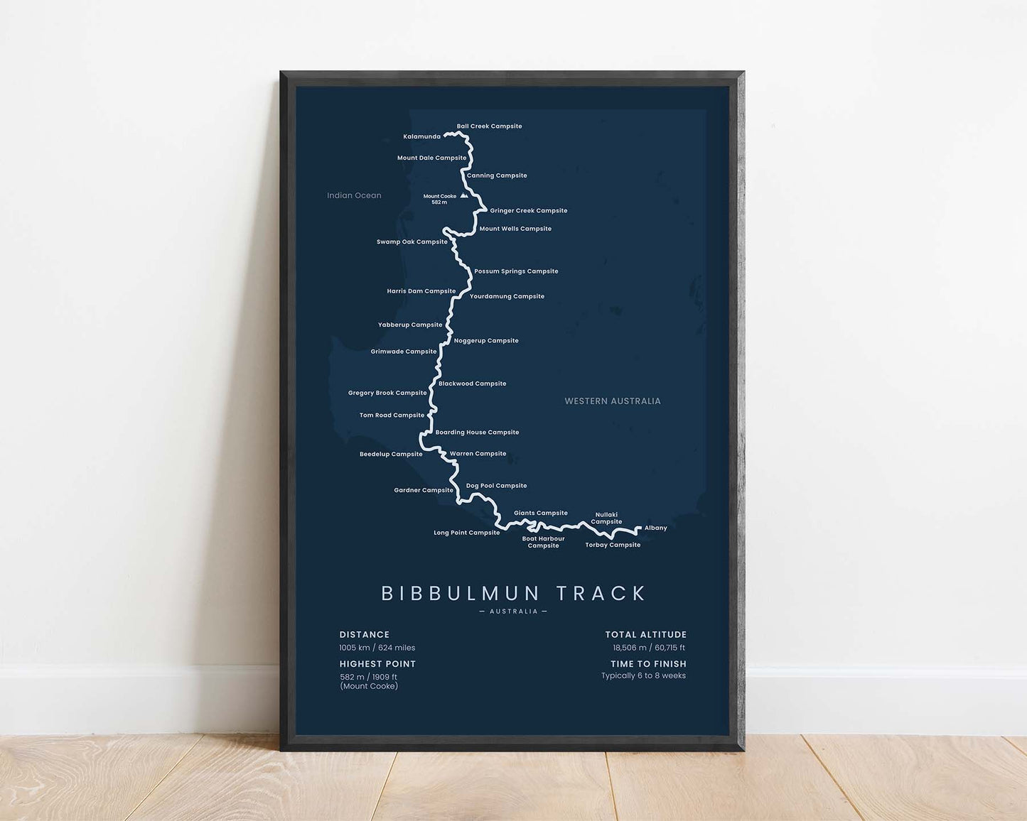 Bibbulmun Track (Albany) Trail Map Art with Blue Background