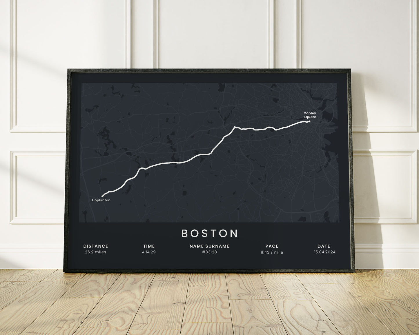 Boston Marathon (Patriots' Day) Running Map Art with Black Background