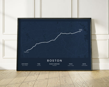 Boston Marathon (World Athletics) Run Wall Map with Blue Background