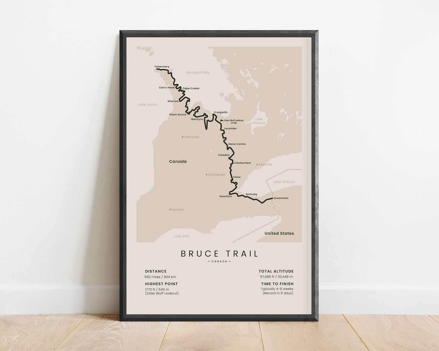 Bruce Trail (in Canada) long-distance hiking print with beige background
