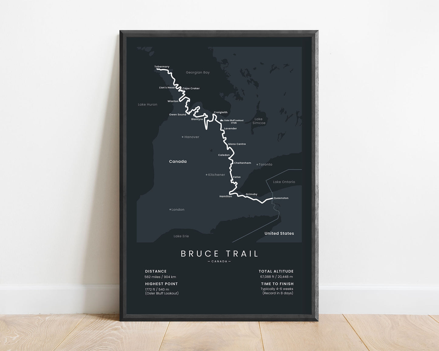 Bruce trail (Ontario) Cross-country hiking poster with black background