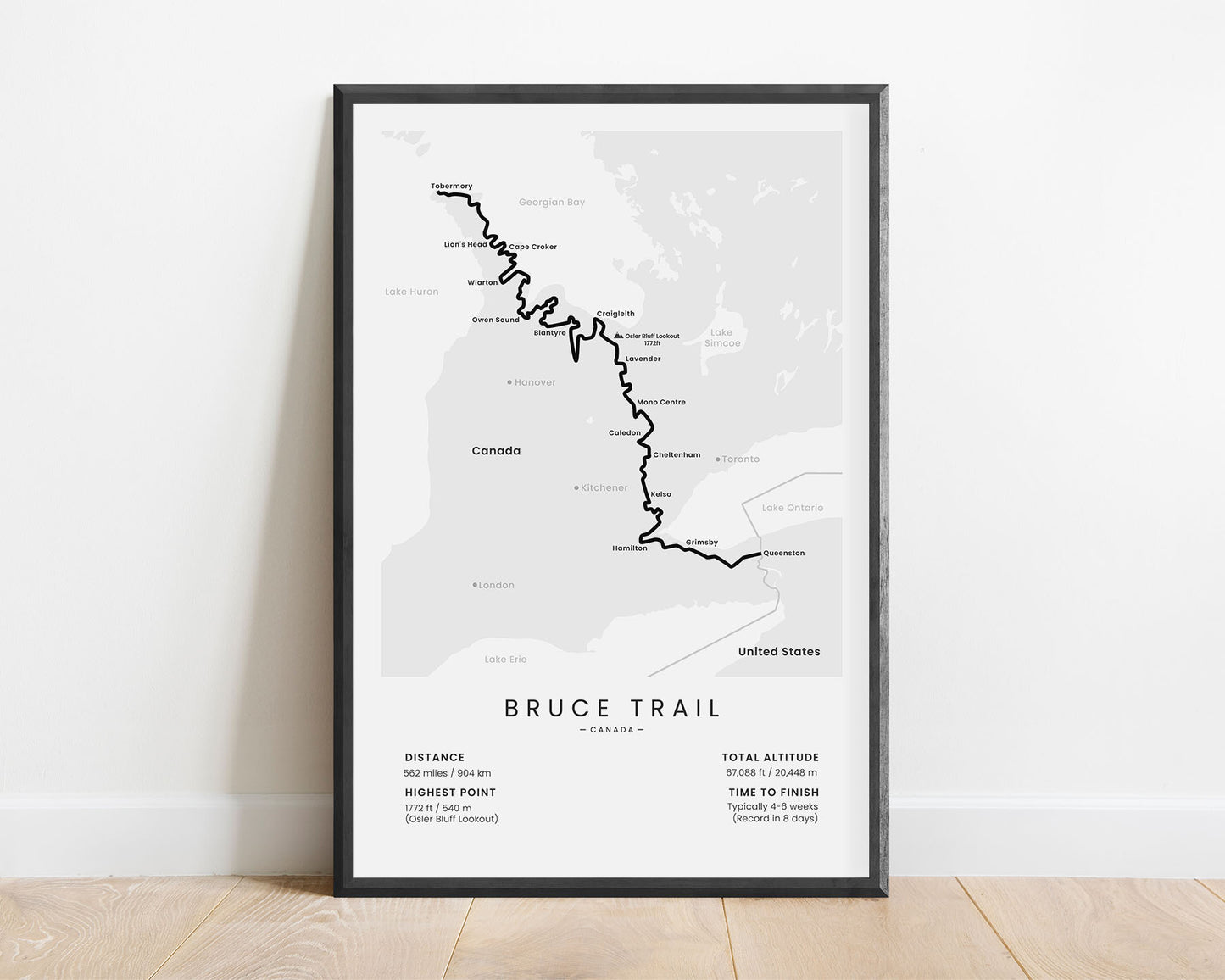 Bruce Trail (Queenston to Tobermory) thru-hike map with white background