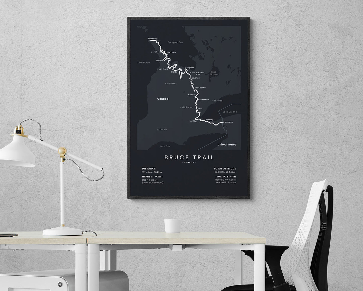 Bruce Trail Minimalist hiking trail Map print with black background in living room