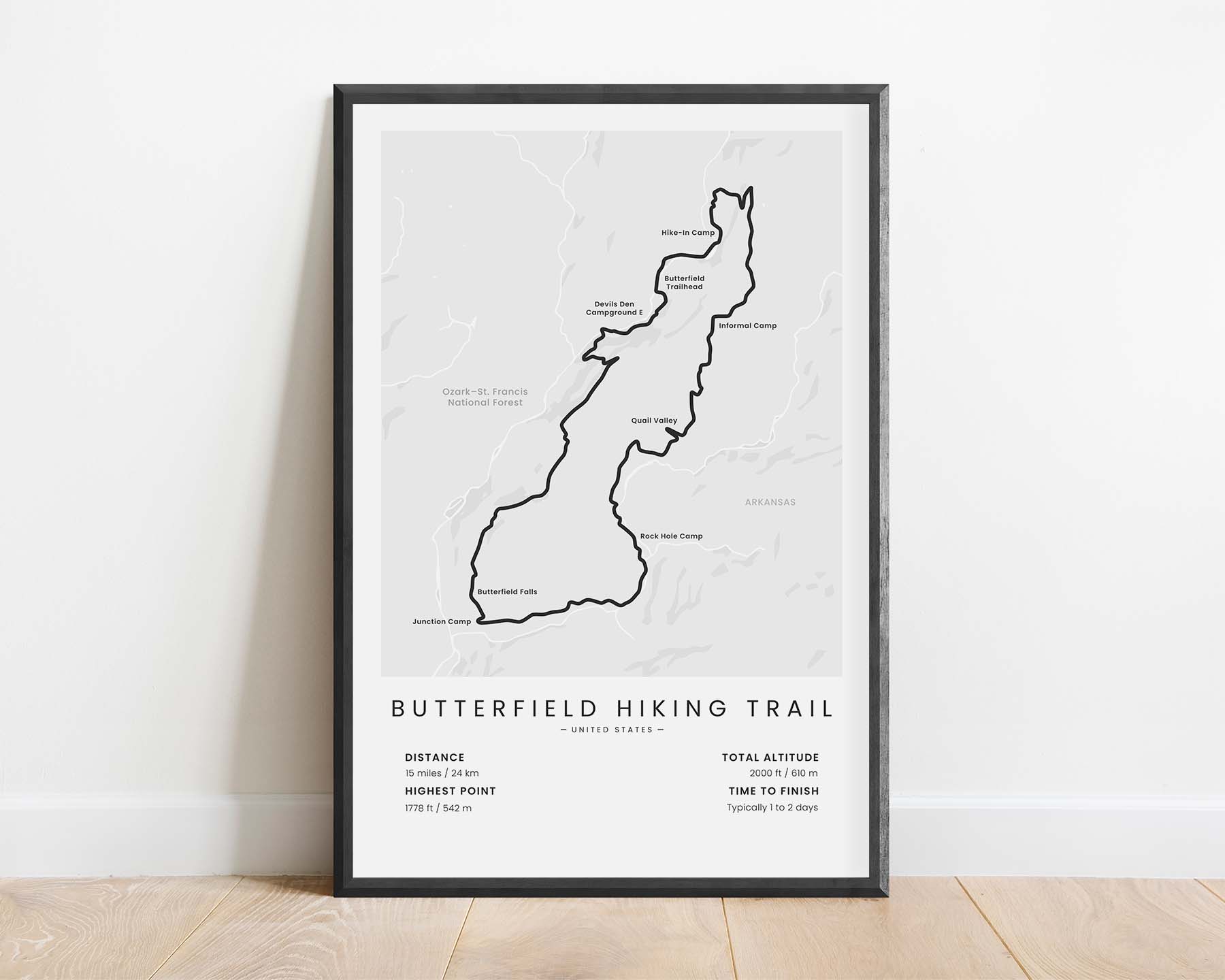 Butterfield Hiking Trail (Ozark-Saint Francis National Forest) Thru Hike Wall Map with White Background