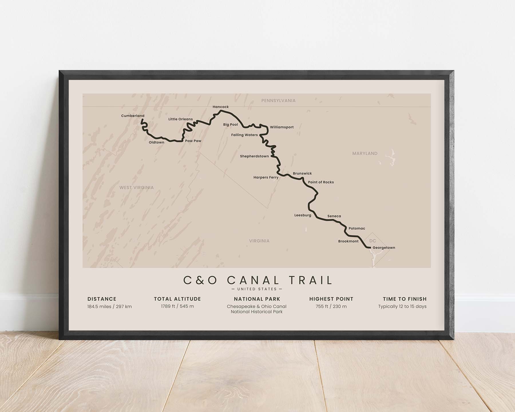 Chesapeake and Ohio Canal Trail (Maryland) Route Art with Beige Background