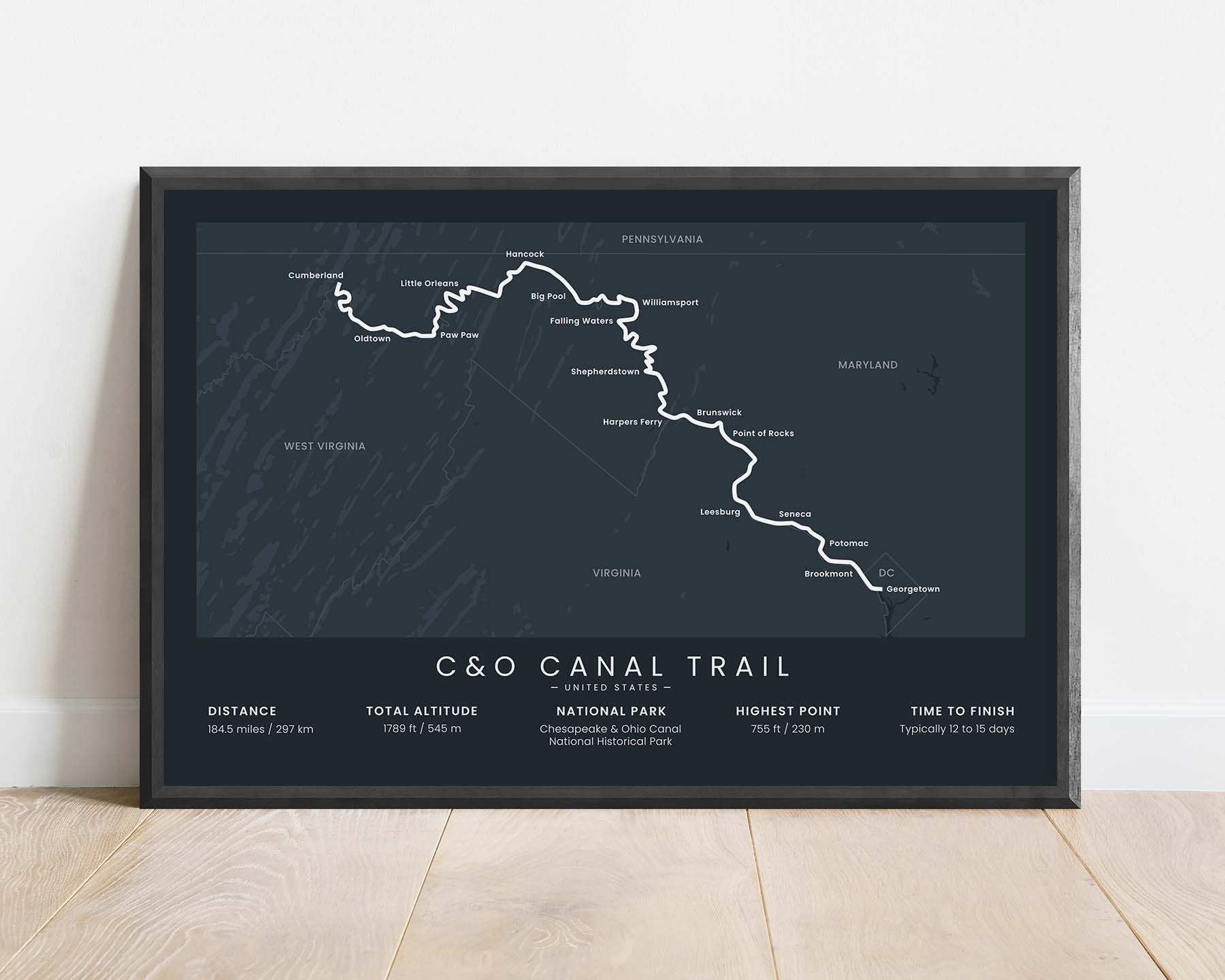 C&O Canal Towpath (West Virginia) Path Wall Map with Black Background